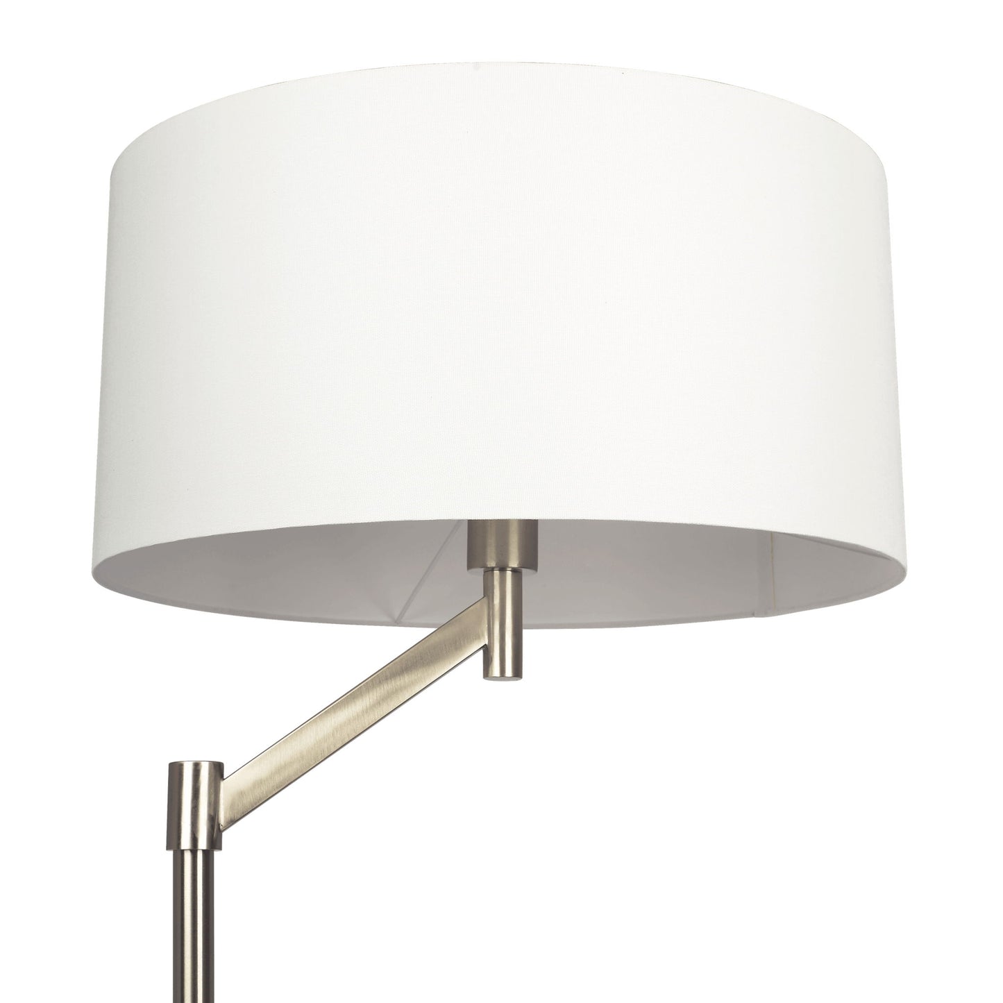 A close-up of the Serene Floor Lamp featuring a white linen shade and a brushed nickel adjustable arm with rotary switch base, set against a plain white background.