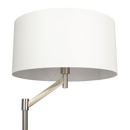 A close-up of the Serene Floor Lamp featuring a white linen shade and a brushed nickel adjustable arm with rotary switch base, set against a plain white background.