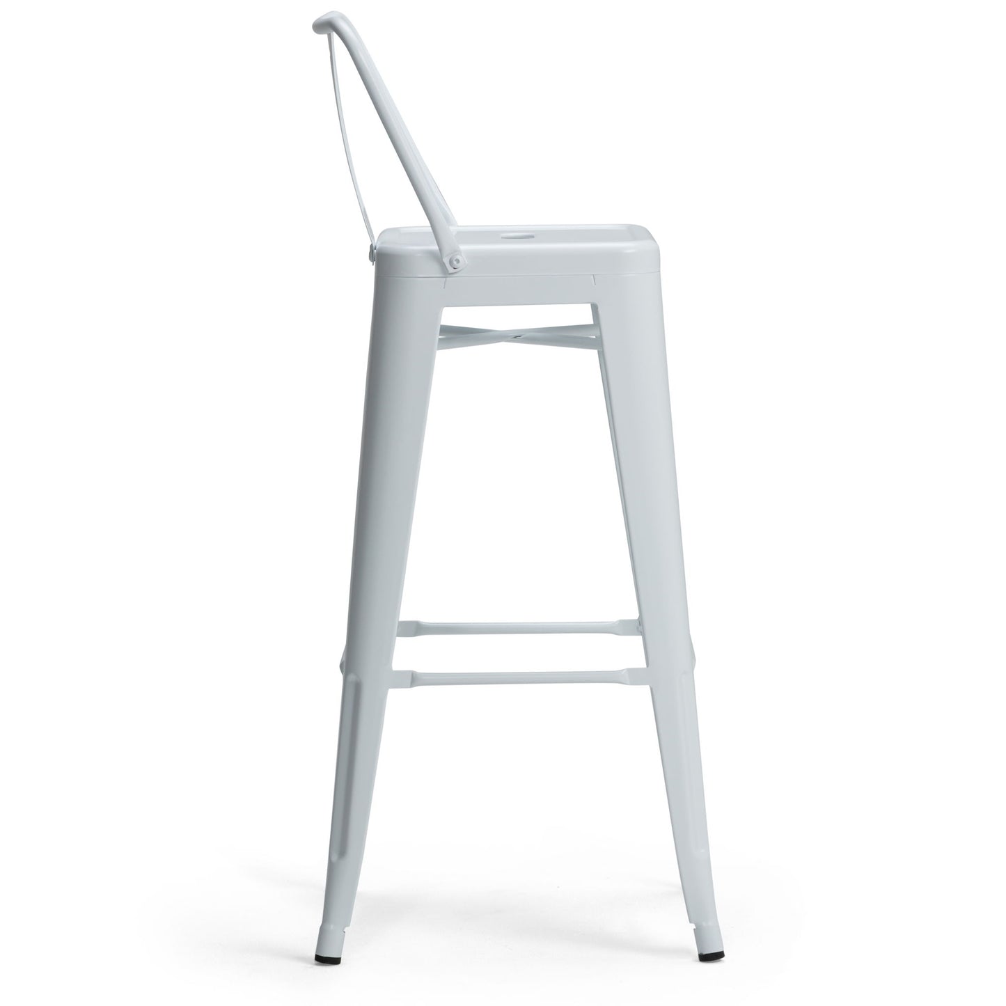 The Rayne Curved Back Metal Stool (Set of 2) features a tall, white metal design with a slim backrest and four straight legs, shown from the side against a plain white background.