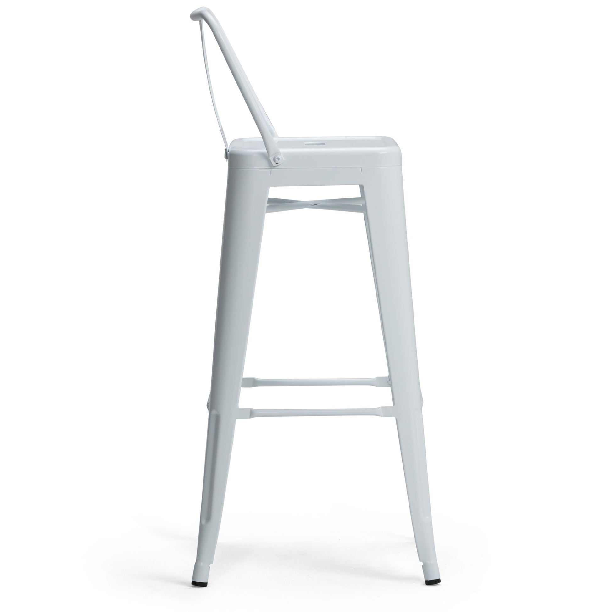 The Rayne Curved Back Metal Stool (Set of 2) features a tall, white metal design with a slim backrest and four straight legs, shown from the side against a plain white background.