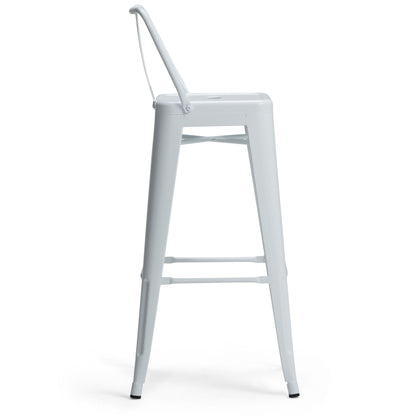 The Rayne Curved Back Metal Stool (Set of 2) features a tall, white metal design with a slim backrest and four straight legs, shown from the side against a plain white background.