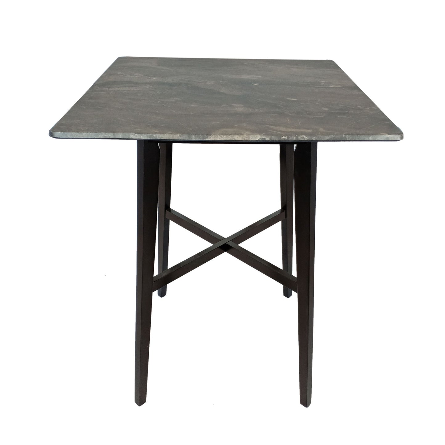 The Modern Bar Height Dining Table features a dark gray laminate square top and four slim black rubberwood legs with an X-shaped support, displayed against a white background.