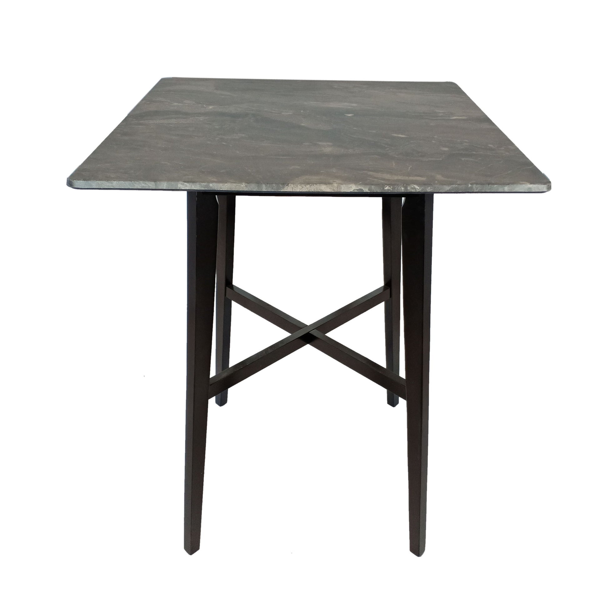The Modern Bar Height Dining Table features a dark gray laminate square top and four slim black rubberwood legs with an X-shaped support, displayed against a white background.