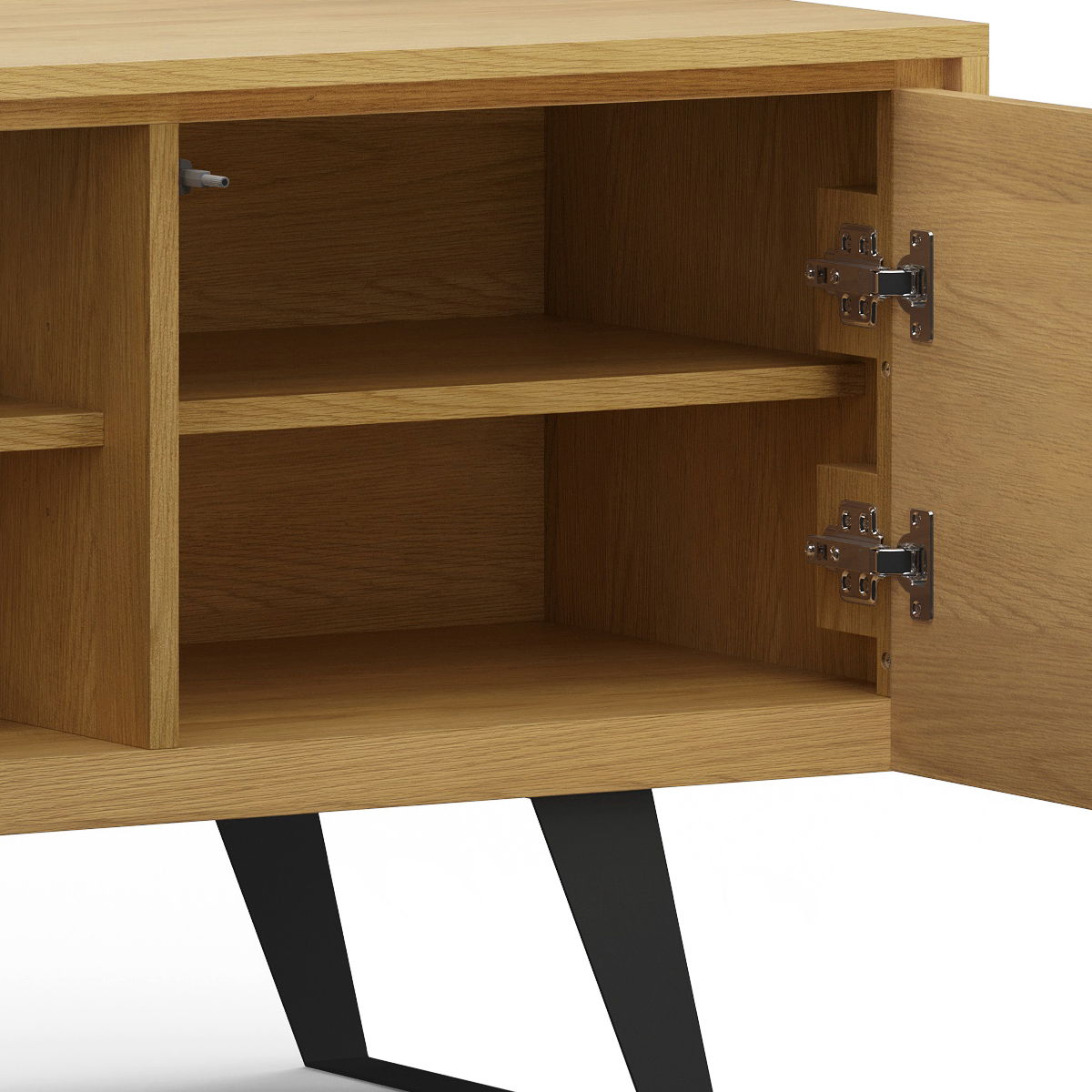 A close-up of the Lowry Handcrafted TV Media Stand showcases its open door, empty interior shelf, black angled legs, and metal door hinges.