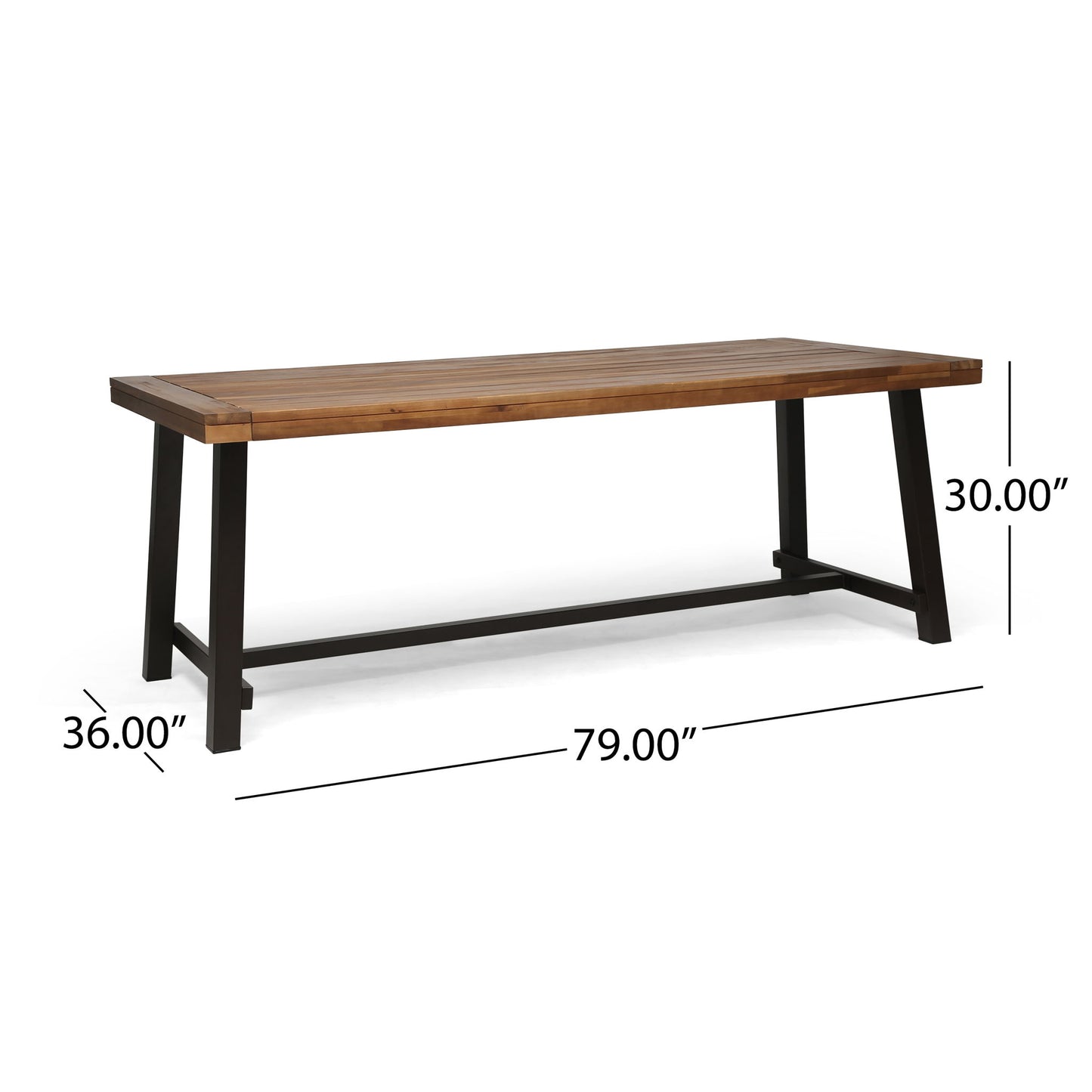 The Equilibrium Outdoor Dining Table features a wooden frame and slat top with black metal legs. Measuring 79"L x 36"W x 30"H, this table boasts a simple, modern design with clean lines and sturdy construction.