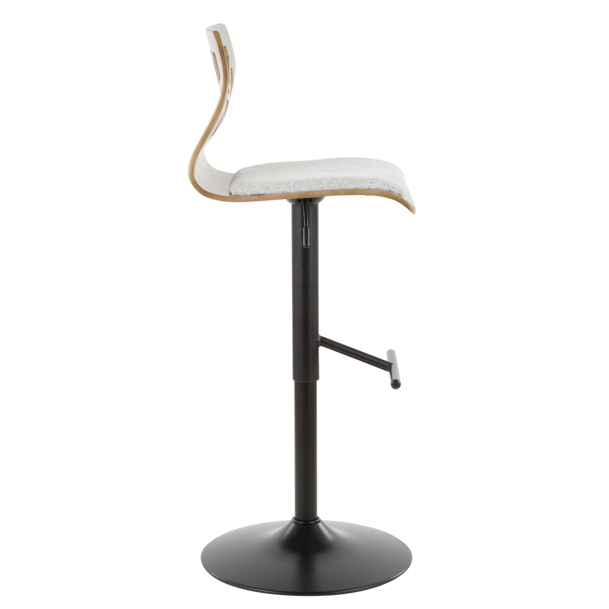 The Folia Mid Century Modern Adjustable Barstool features a curved wooden backrest, light gray cushioned seat, black swivel base, and straight T footrest; shown in profile against a white background. Set of 3.