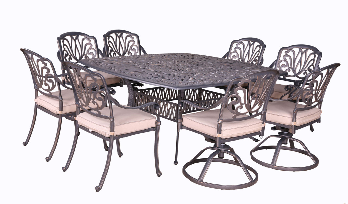 The Square 8 Person 64" Long Aluminum Dining Set With Cushions features an ornate metal table and eight matching chairs with light cushions; two chairs have swivel bases, and the others have standard legs.