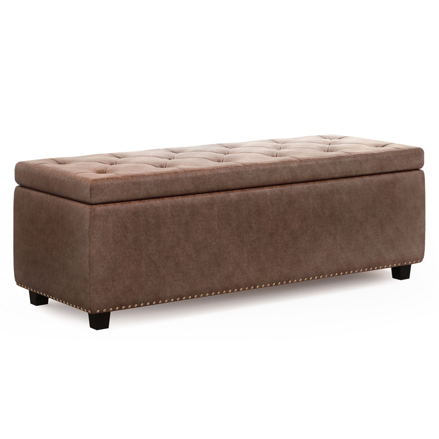 The Hamilton - Upholstered Storage Ottoman features a rectangular brown design, tufted top, nailhead trim along the bottom edge, and short black legs.