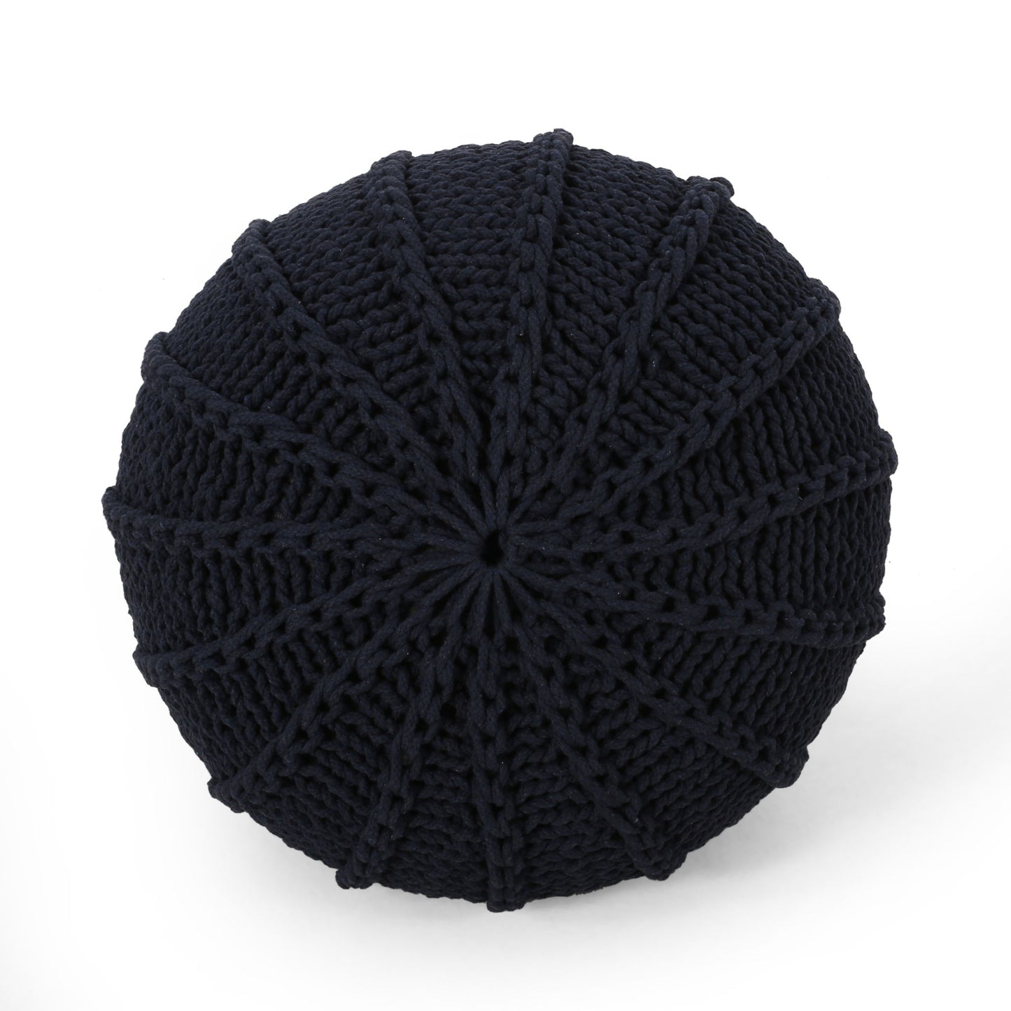 The Bordeaux Knitted Cotton Round Pouf Ottoman and Floor Cushion features a black, textured radial pattern and is displayed on a white background.