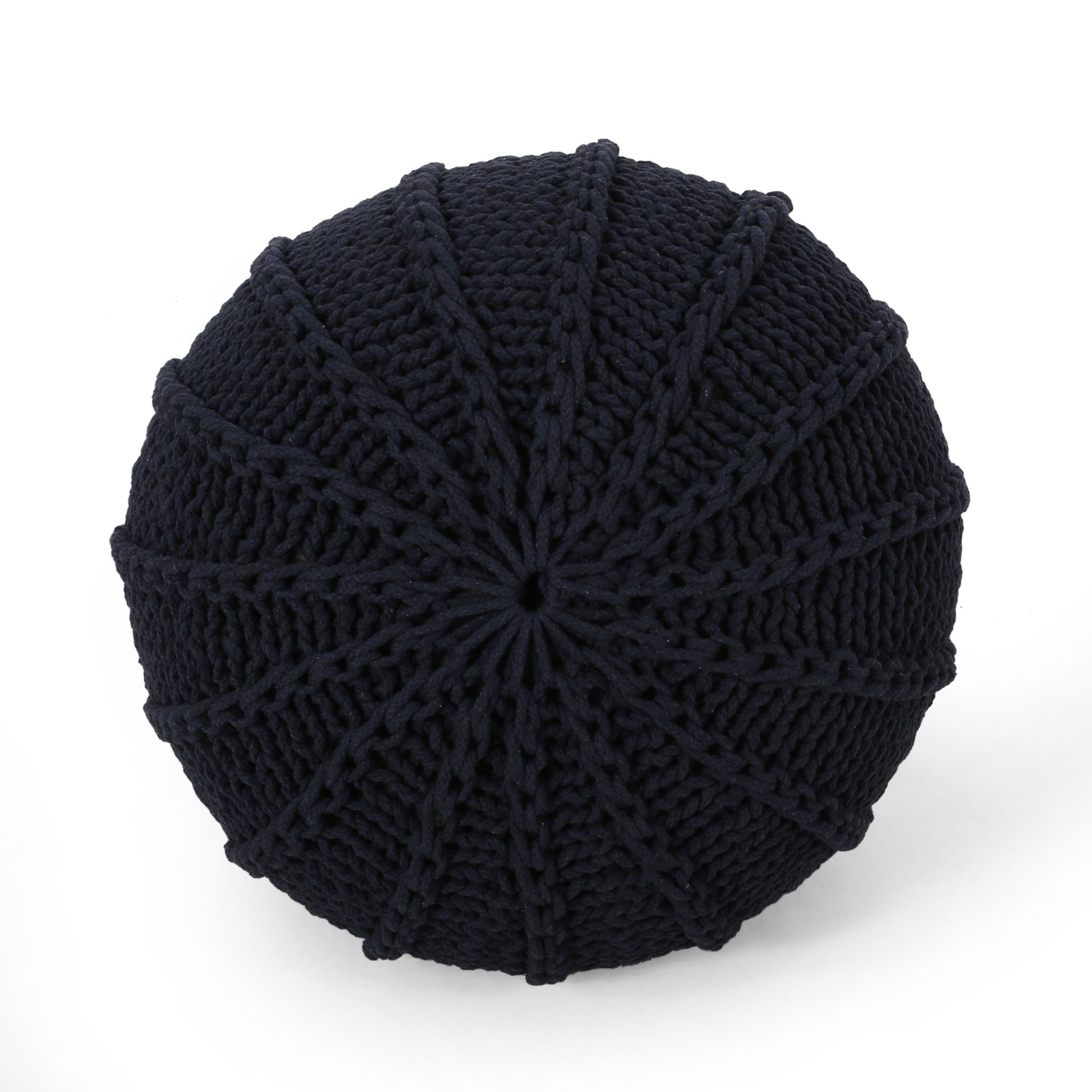 The Bordeaux Knitted Cotton Round Pouf Ottoman and Floor Cushion features a black, textured radial pattern and is displayed on a white background.