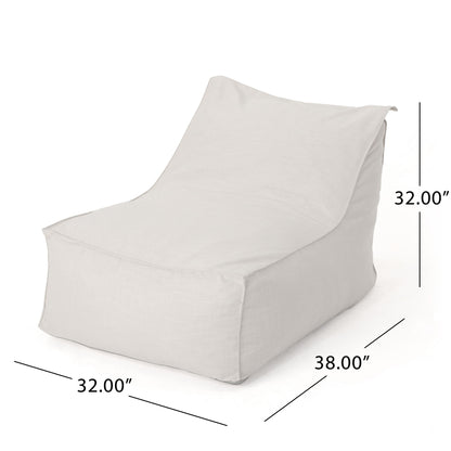 The Ettie Water Resistant Fabric Bean Bag Chair is a white, armless lounge seat with a sloped backrest, measuring 32" H x 32" W x 38" D.
