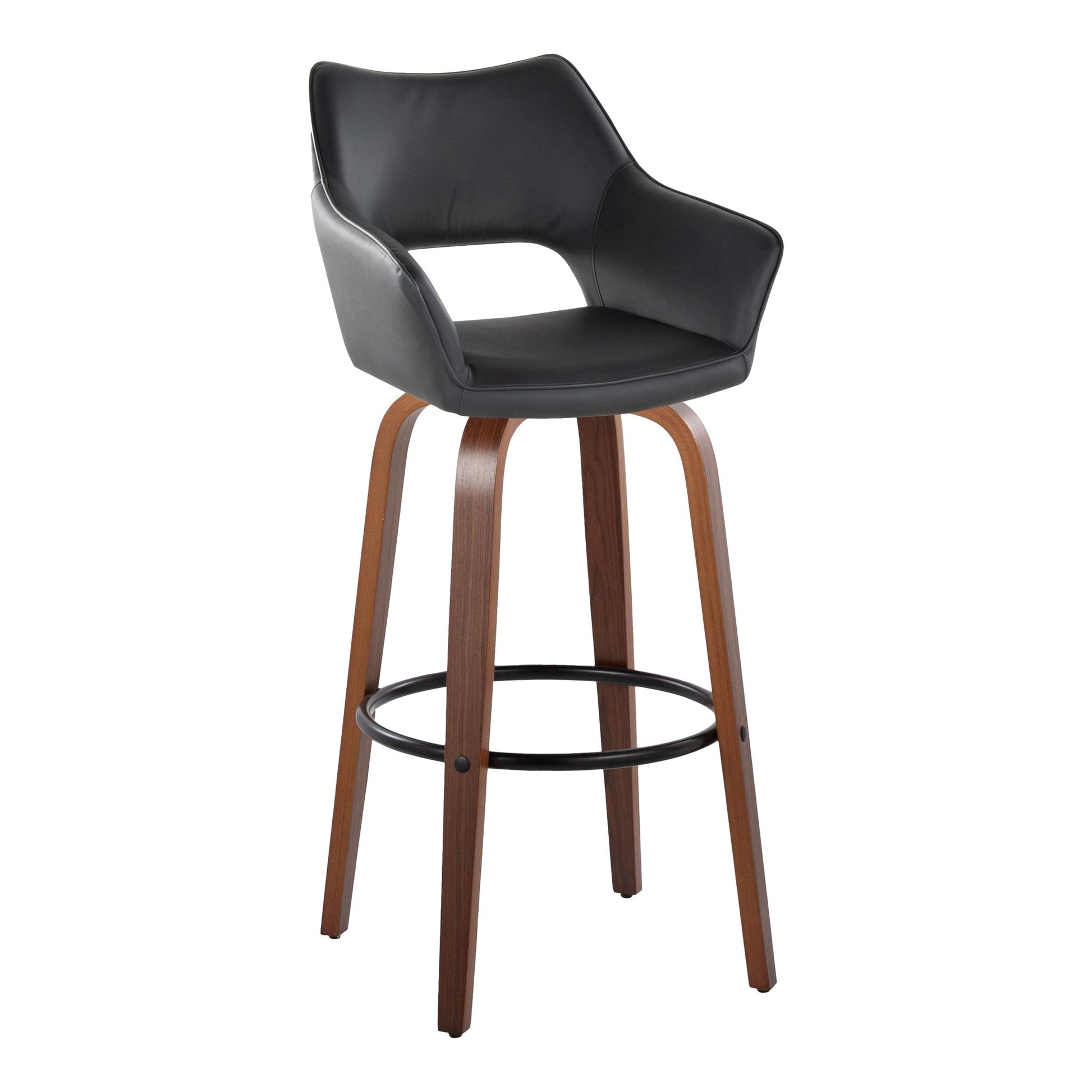 The Mustang Contemporary Fixed Height Barstool features a black cushioned seat and backrest, curved armrests, a round metal footrest, and four wooden legs. Set of 2 with swivel function for modern style and comfort.