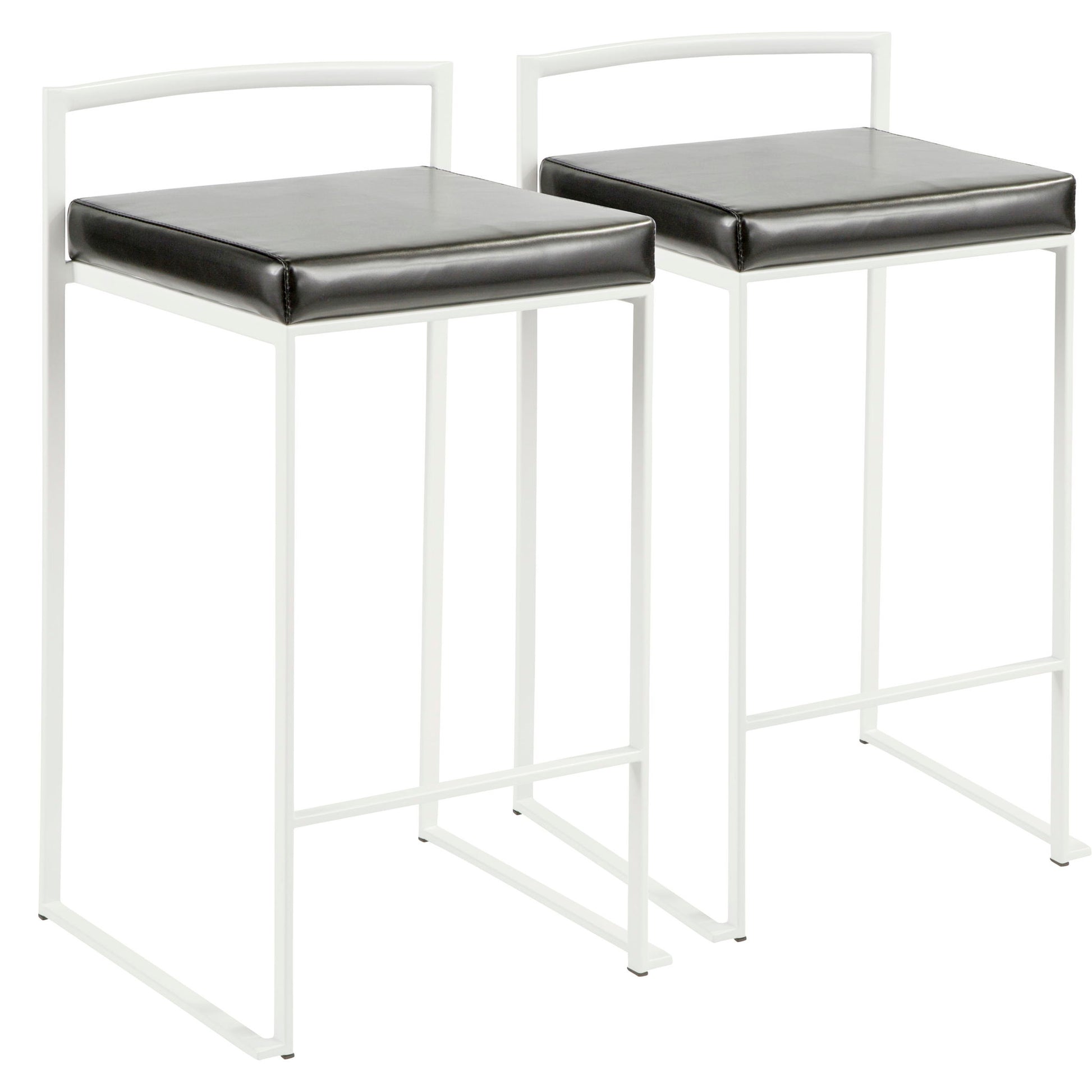 Two Fuji - Simple Elegance Contemporary Stackable Counter Stools, featuring white metal frames and black cushioned square seats, are placed side by side against a plain white background.