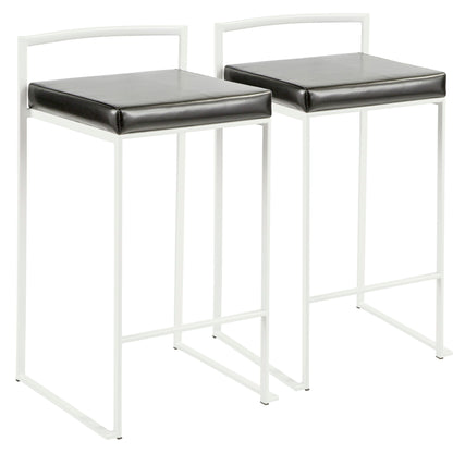 Two Fuji - Simple Elegance Contemporary Stackable Counter Stools, featuring white metal frames and black cushioned square seats, are placed side by side against a plain white background.