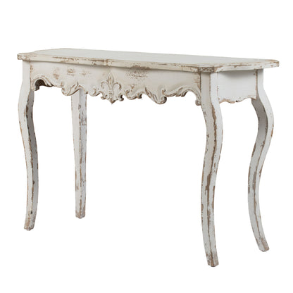 The Slimline wash Console Table features a white washed finish, ideal for hallway, living room, or bedroom use. Its elegant design includes subtle decorative detailing and a slim profile to fit narrow spaces.
