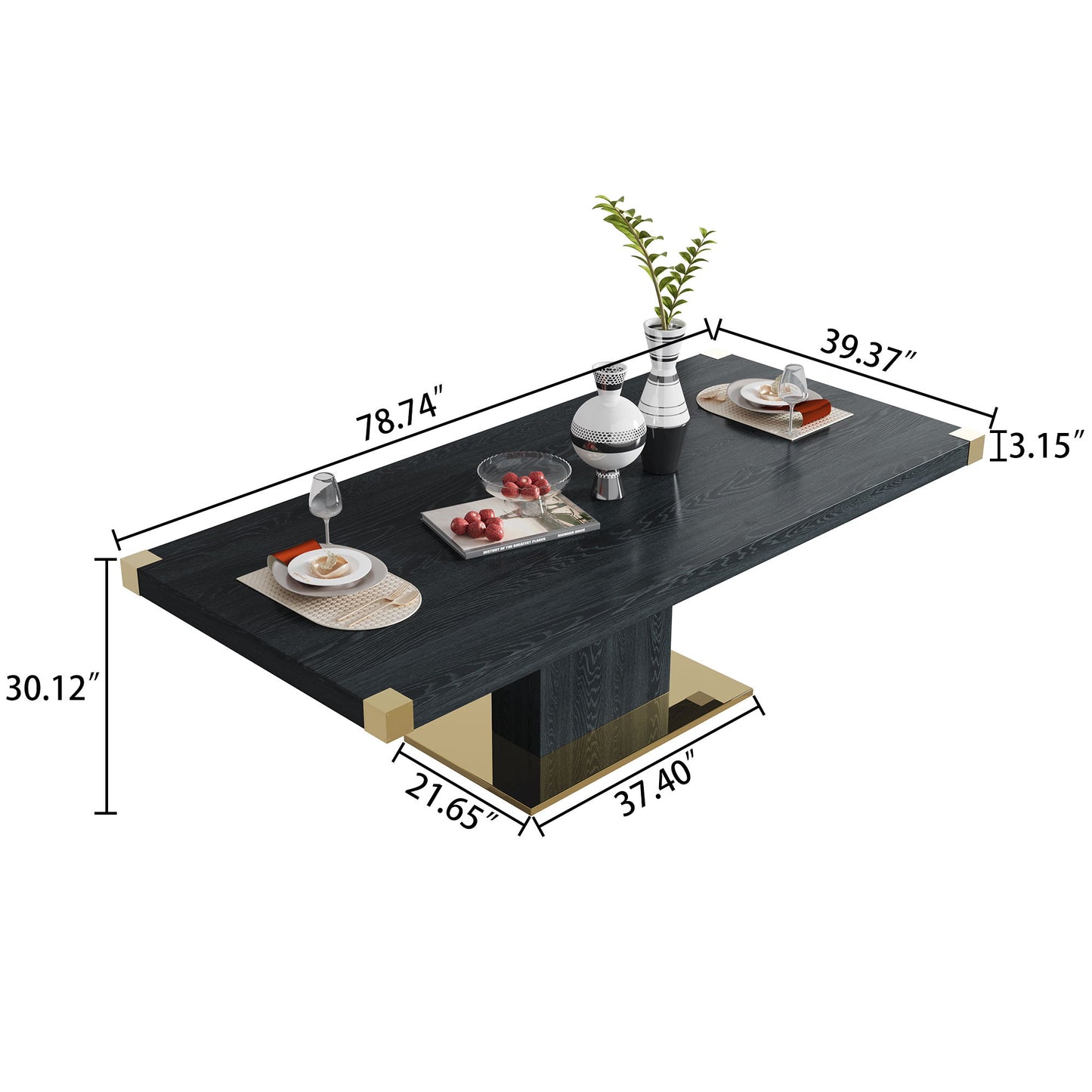 The Top Dining Table With Finish Corner, shown in black with gold accents and set for two, measures 78.74"L x 39.37"W x 30.12"H with a base of 21.65"W x 37.40"L and a tabletop thickness of 13.15".