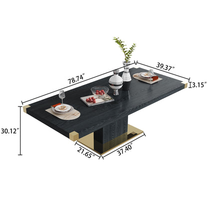 The Top Dining Table With Finish Corner, shown in black with gold accents and set for two, measures 78.74"L x 39.37"W x 30.12"H with a base of 21.65"W x 37.40"L and a tabletop thickness of 13.15".