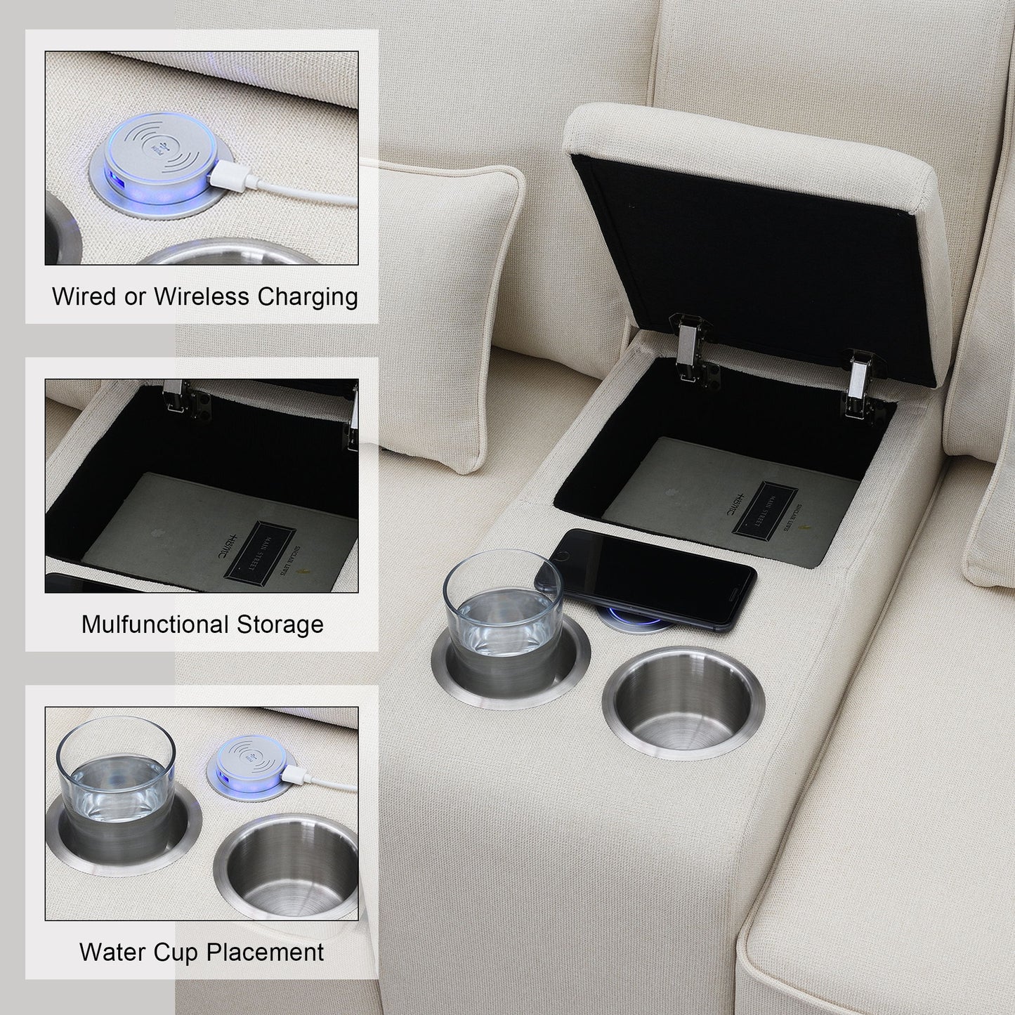 The Upholstered Sofa With Console features 2 cupholders, a storage compartment with a tablet, 2 USB ports for wired or wireless charging, and space for your phone. Inset images highlight charging, storage, and cup holder functions. Includes 4 pillows; ideal for living rooms.