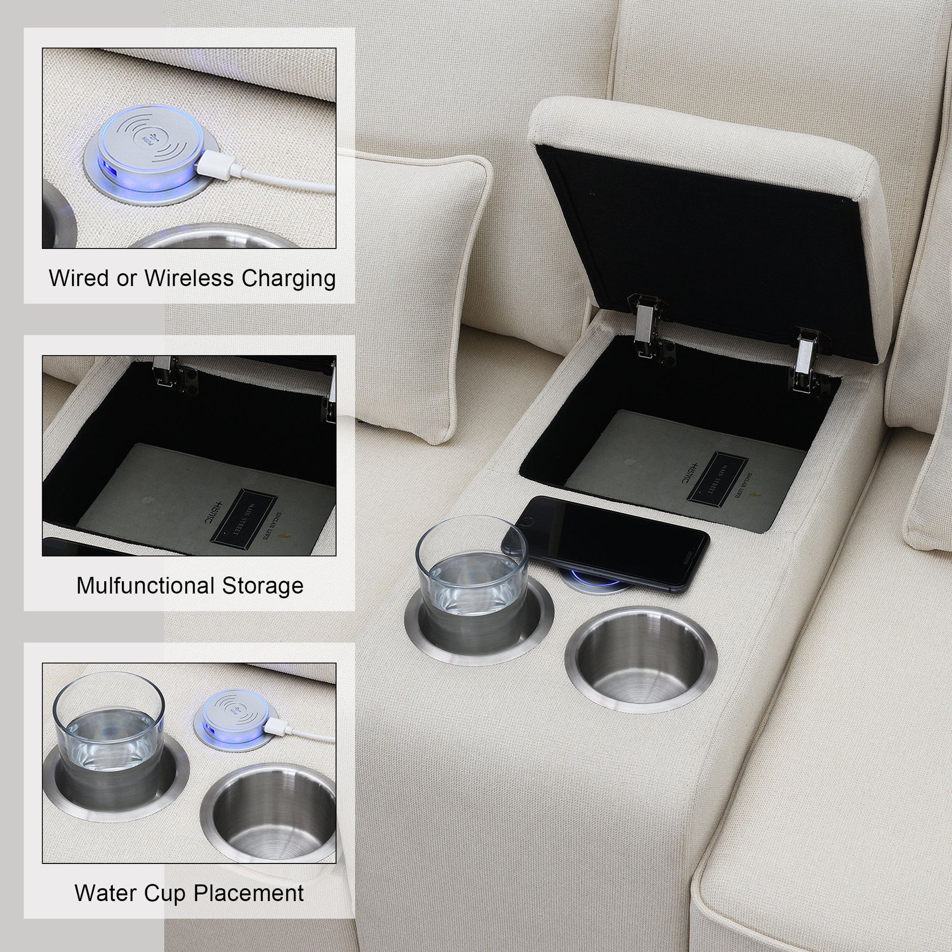 The Upholstered Sofa With Console features 2 cupholders, a storage compartment with a tablet, 2 USB ports for wired or wireless charging, and space for your phone. Inset images highlight charging, storage, and cup holder functions. Includes 4 pillows; ideal for living rooms.