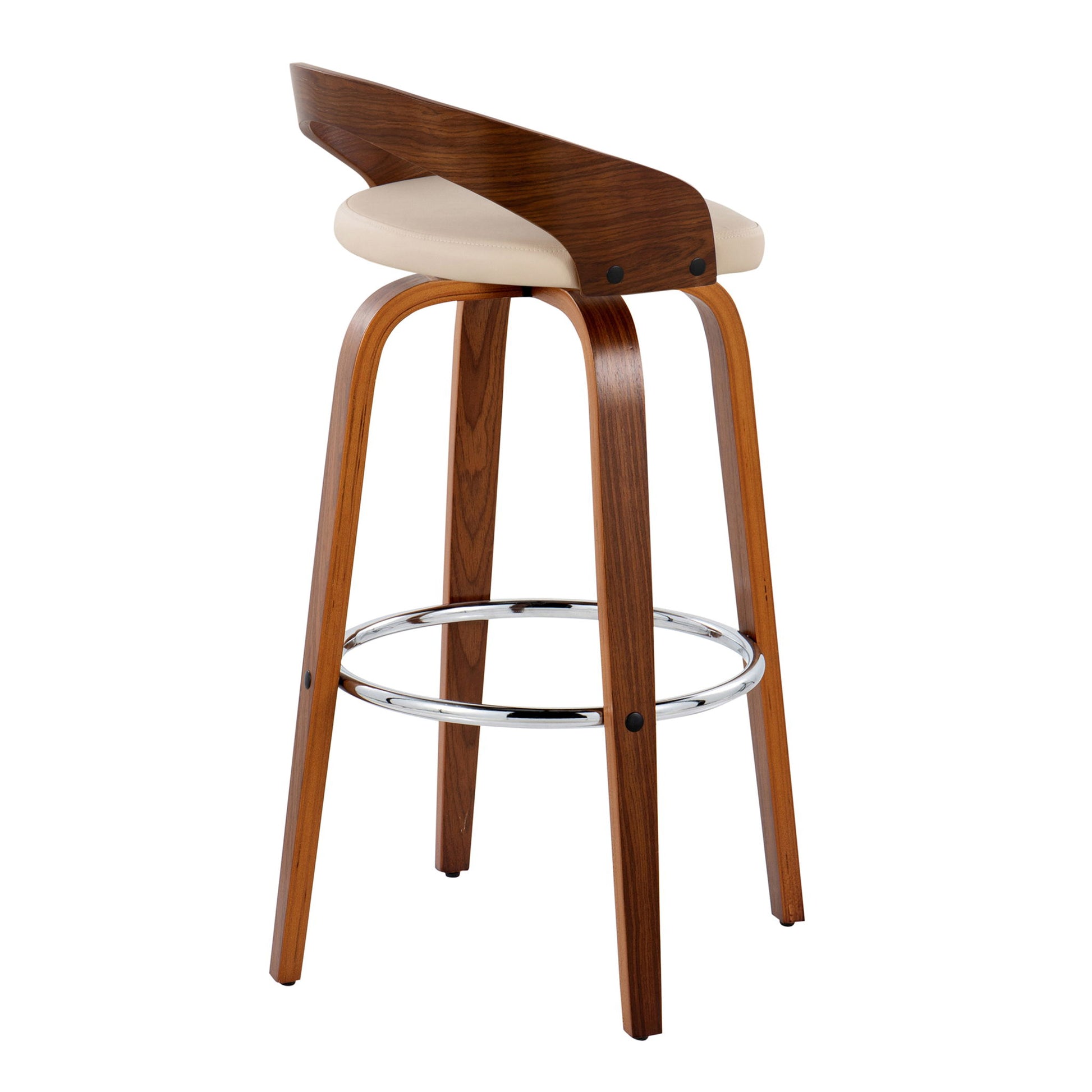 The Grotto - Contemporary Fixed Height Barstool With Swivel features curved wooden legs, a round beige cushioned seat, a bentwood backrest, and a circular chrome footrest. Set of 2.