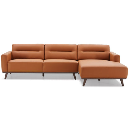 The Ella L-Shaped Sectional Couch features caramel brown leather upholstery, three-seat cushions, a right-side chaise lounge, and angled wooden legs for a modern look.
