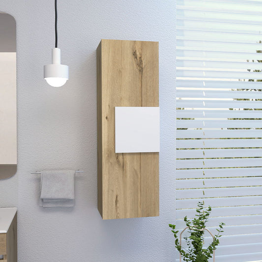 A modern bathroom featuring the Medicine Single Door Cabinet, Three Shelves - Light Oak / White, complemented by a white pendant lamp, towel rail, and white blinds on a window overlooking greenery.