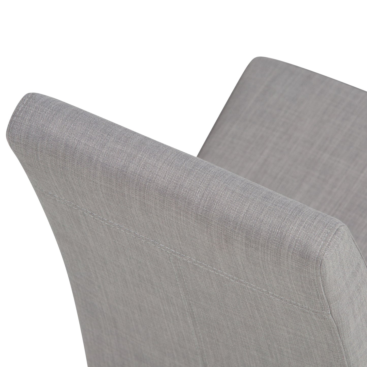 Close-up view of the backrests of two Acadian Upholstered Parson Dining Chairs in light gray fabric, highlighting their simple, clean lines and soft texture against a white background.