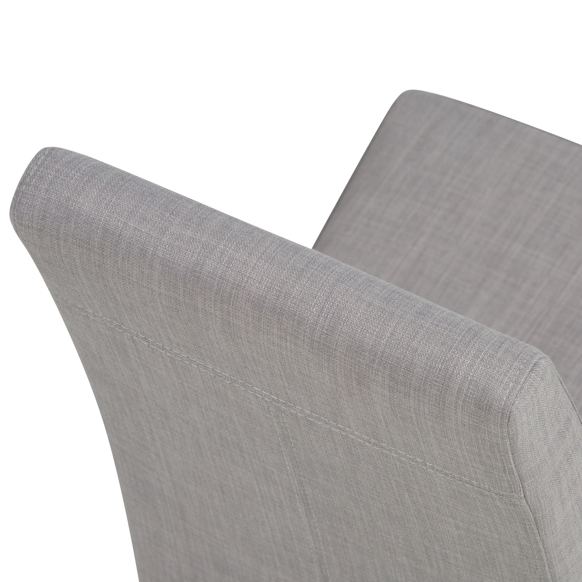Close-up view of the backrests of two Acadian Upholstered Parson Dining Chairs in light gray fabric, highlighting their simple, clean lines and soft texture against a white background.