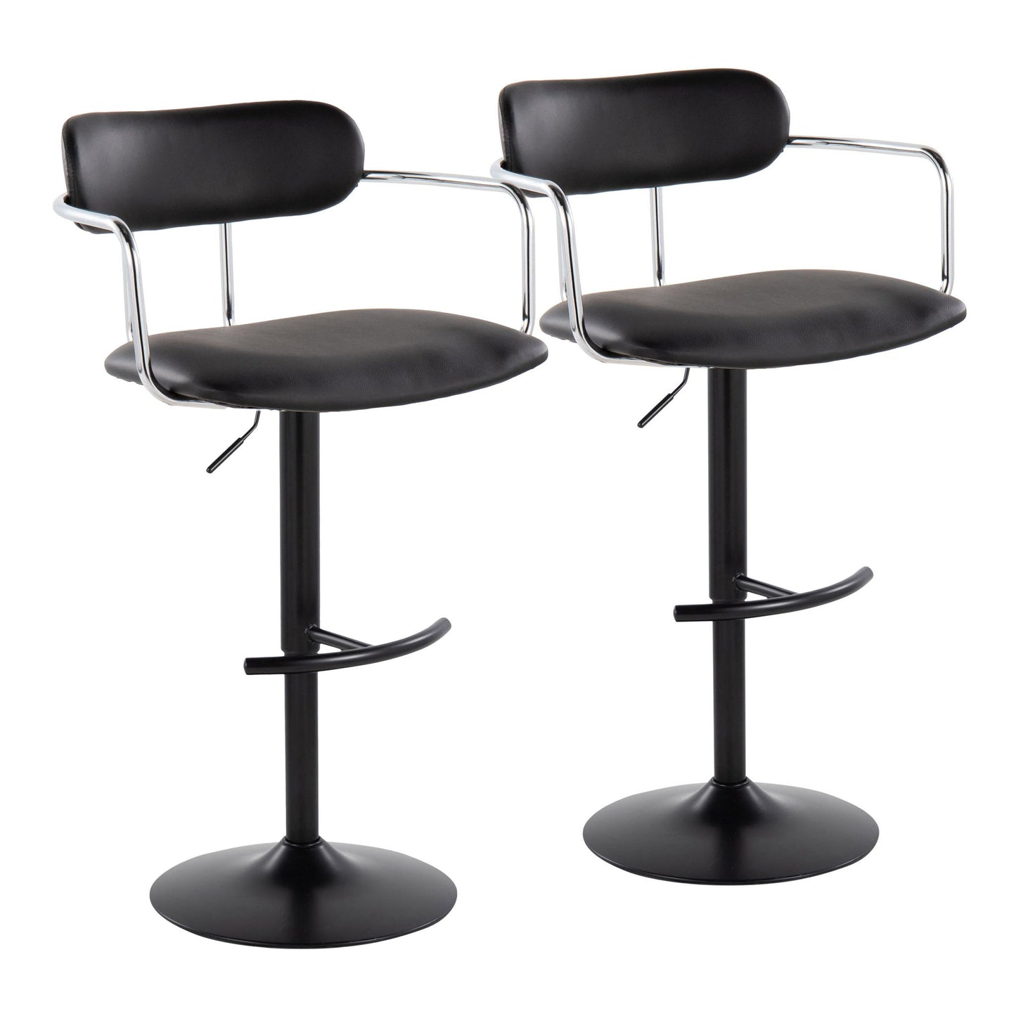 Set of 2 Demi contemporary adjustable height barstools with swivel, rounded T footrests, padded seats and backrests, and chrome-finished armrests, shown side by side on a white background.