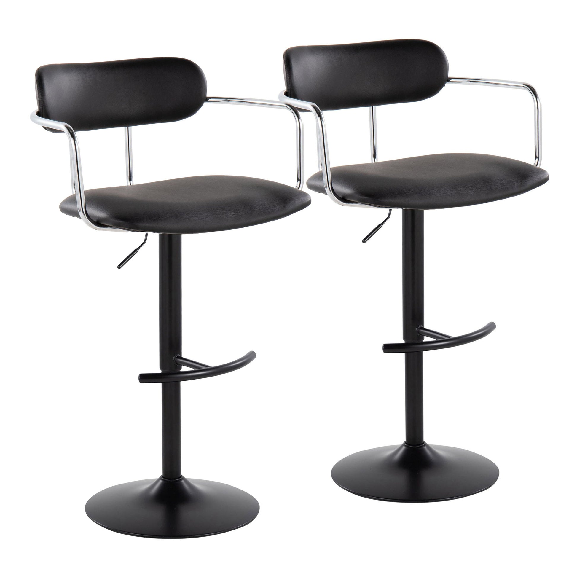Set of 2 Demi contemporary adjustable height barstools with swivel, rounded T footrests, padded seats and backrests, and chrome-finished armrests, shown side by side on a white background.