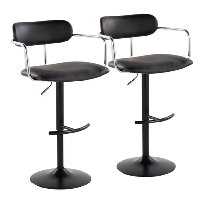 Set of 2 Demi contemporary adjustable height barstools with swivel, rounded T footrests, padded seats and backrests, and chrome-finished armrests, shown side by side on a white background.