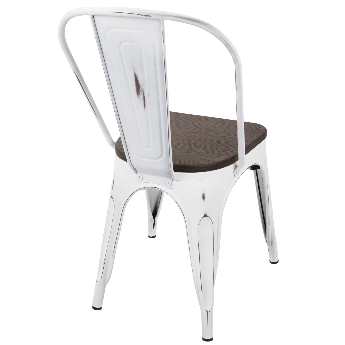 The Oregon - IndustrialFarmhouse Stackable Dining Chair (Set of 2) features a distressed white metal finish, curved backrest, dark wooden seat, and angled legs, shown here from a rear side angle.