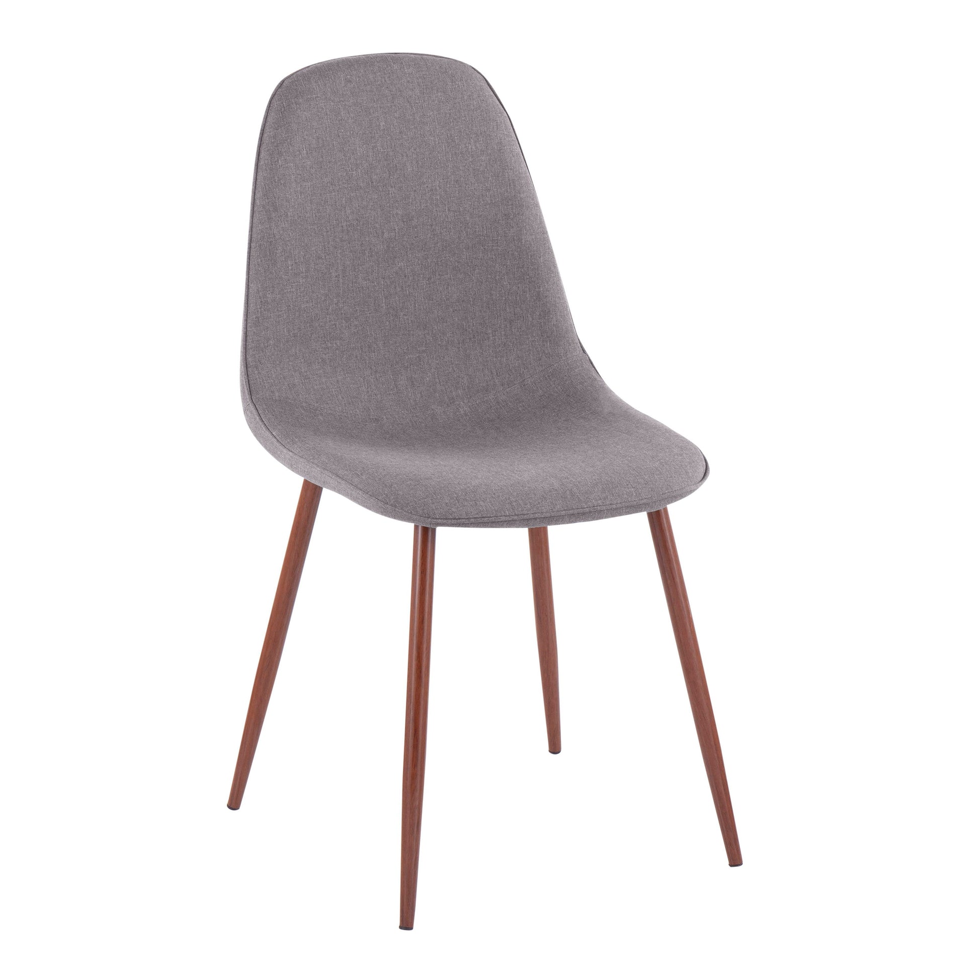 The Pebble - Contemporary Chair (Set of 2) features a curved gray upholstered seat and backrest, complemented by four angled dark-finished wooden legs for a modern dining style.