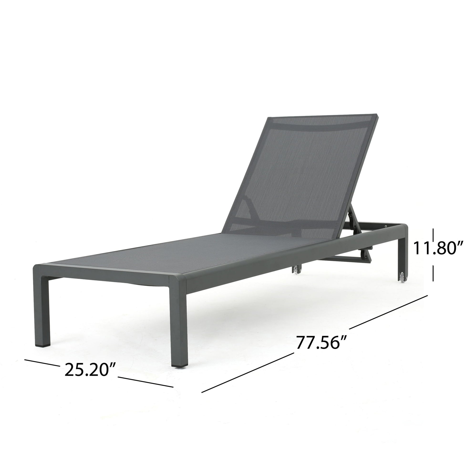The Outdoor Patio Chaise Lounge With 5 Reclining Positions features a modern gray design, mesh seat, adjustable backrest, and measures 25.20"W x 77.56"L x 11.80"H at the backrest.