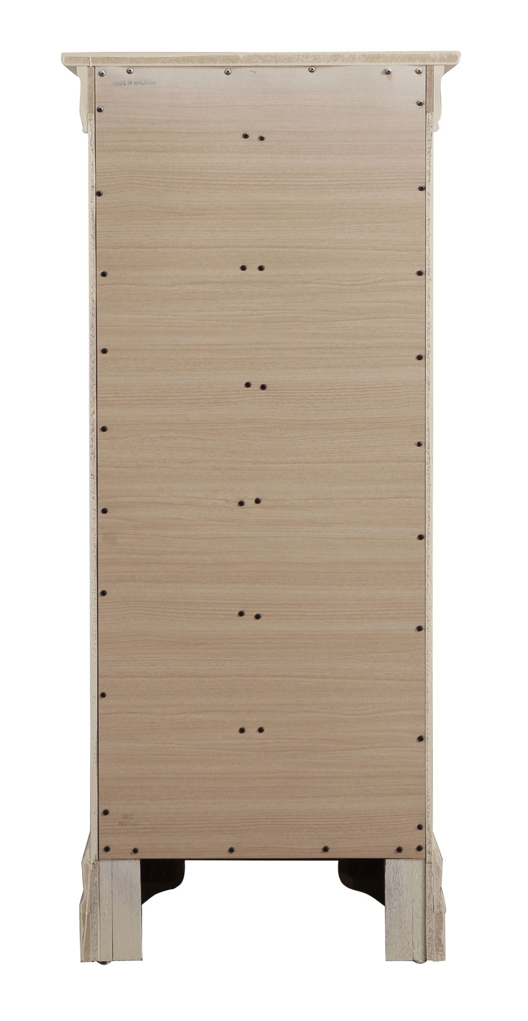The Traditional Style Lingerie Storage Chest Timeless is shown from the back, revealing its unpainted panel, visible screws, and construction details. This tall chest stands on four legs and features a light wood finish.