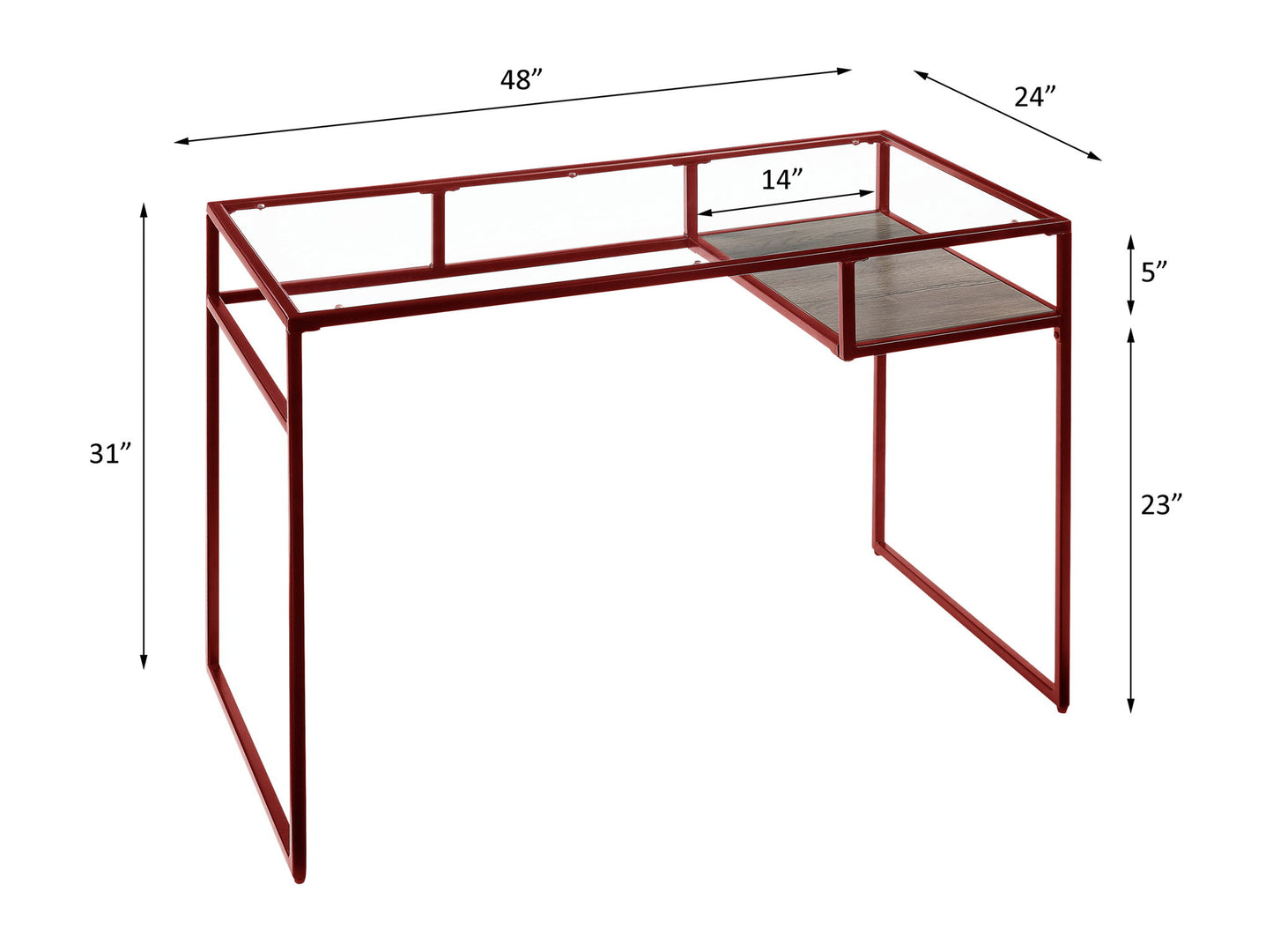 The Yasin - Glass Top Writing Desk features a red metal frame and glass top, measuring 48"W x 24"D x 31"H. It includes a 14" x 24" side shelf set 5" below the top, with a 23" clearance underneath.