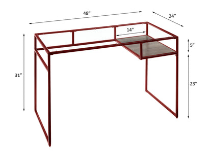 The Yasin - Glass Top Writing Desk features a red metal frame and glass top, measuring 48"W x 24"D x 31"H. It includes a 14" x 24" side shelf set 5" below the top, with a 23" clearance underneath.