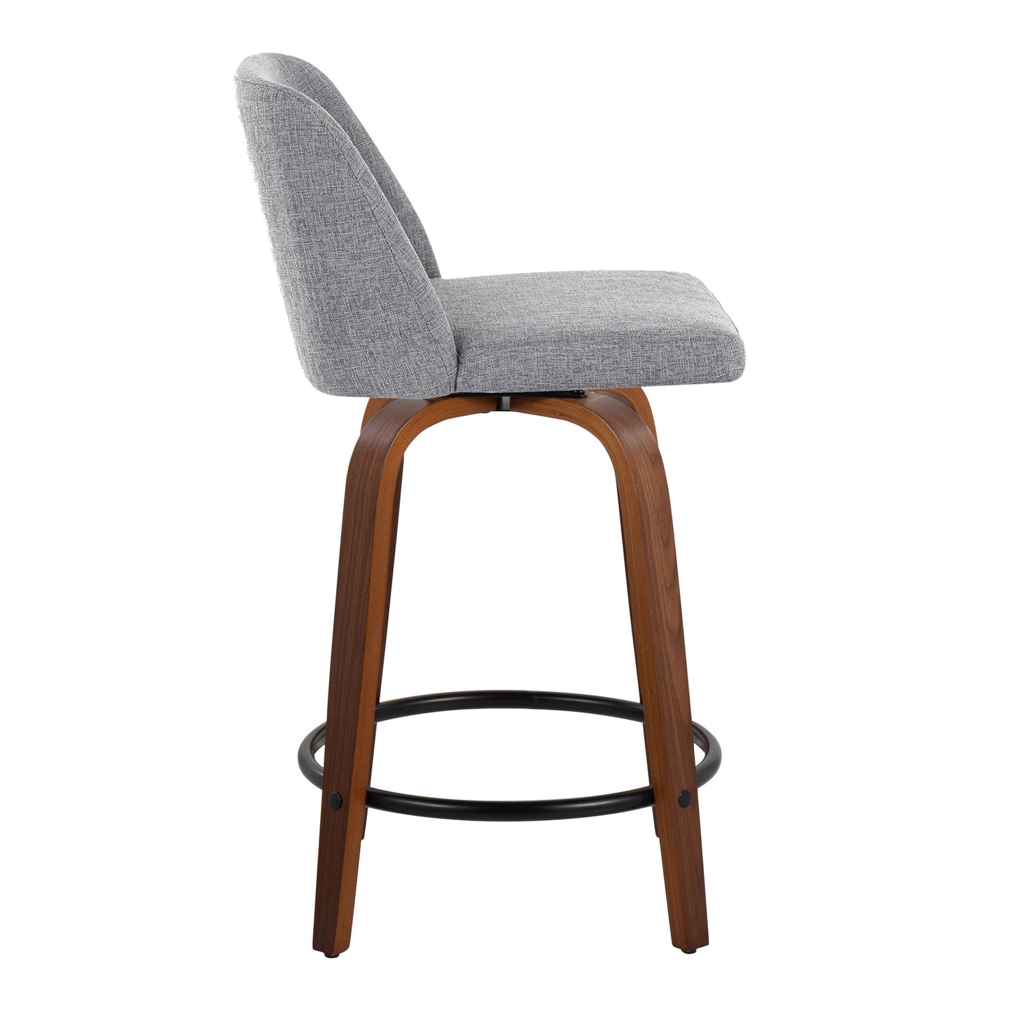 The Toriano Fixed Height Counter Stool features a sleek, mid-century modern design with a light gray cushioned seat and backrest, a curved wooden base, and a circular black metal footrest. This set of 2 stools showcases neutral tones and elegant side profiles.