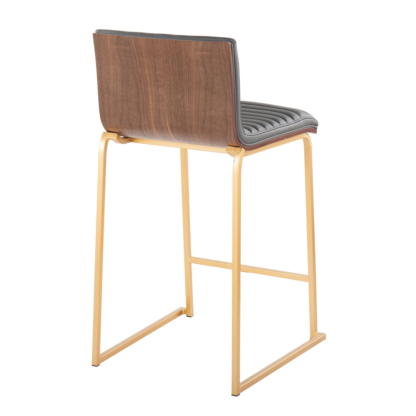 The Mason Mara set features a modern bar stool with quilted dark cushions, a walnut wood back, and sleek gold metal legs, shown from the rear angle.