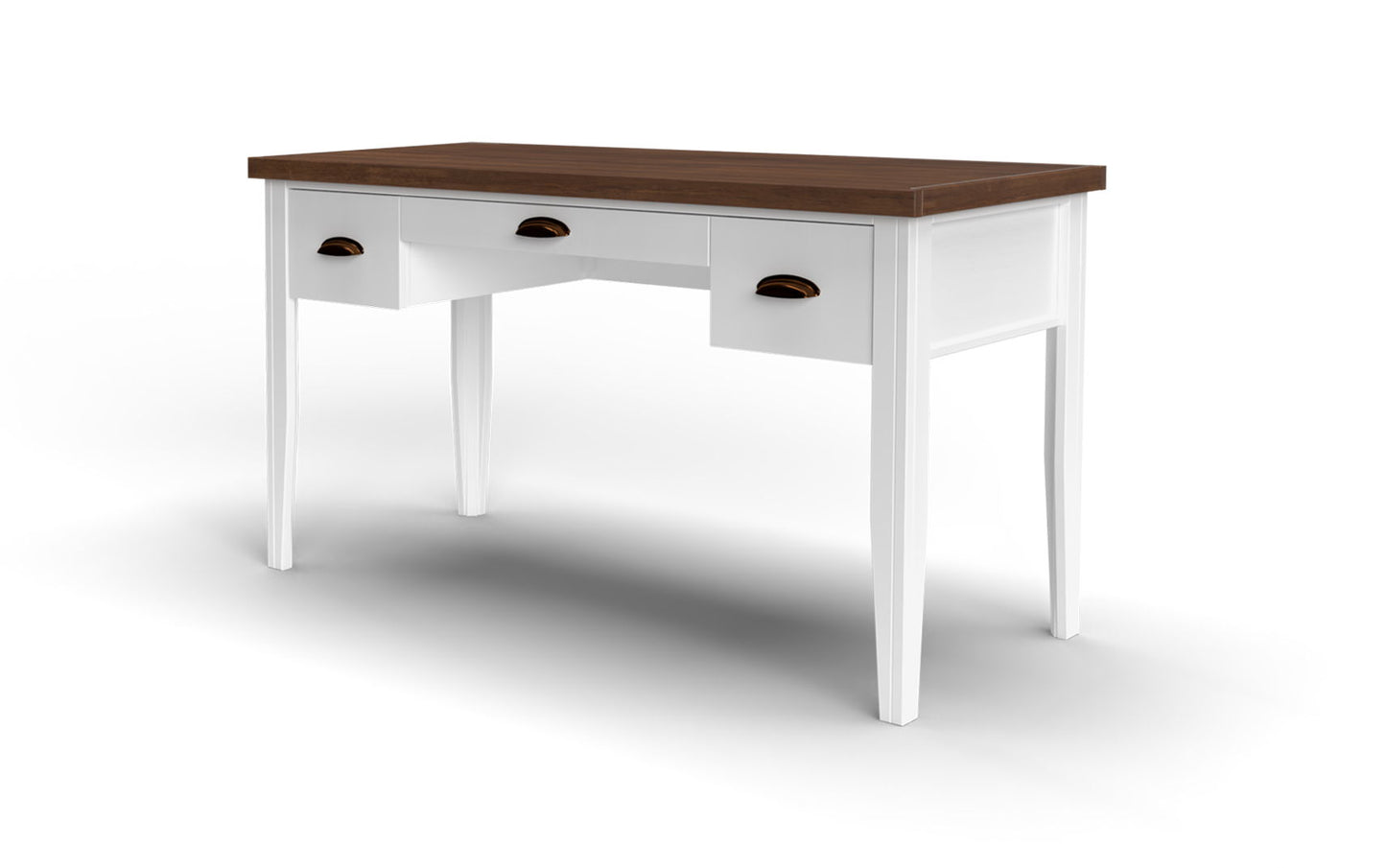 The Couch.com Hampton Writing Desk features a Jasmine Whitewash and Barnwood wood construction with a white finish, three drawers with bronze handles, and four tapered legs, shown against a plain white background.