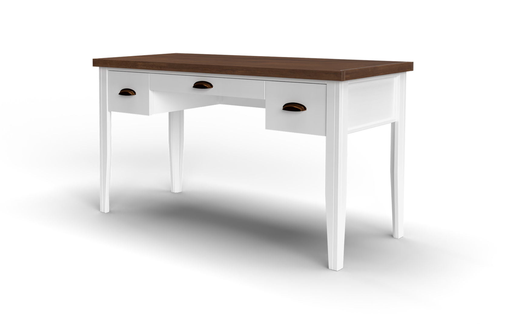 The Couch.com Hampton Writing Desk features a Jasmine Whitewash and Barnwood wood construction with a white finish, three drawers with bronze handles, and four tapered legs, shown against a plain white background.