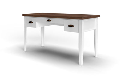 The Couch.com Hampton Writing Desk features a Jasmine Whitewash and Barnwood wood construction with a white finish, three drawers with bronze handles, and four tapered legs, shown against a plain white background.