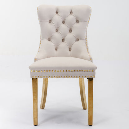 The Nikki set includes two modern, high-end velvet dining chairs with tufted backs, nailhead trim, and golden stainless steel plated legs, shown against a plain white background.