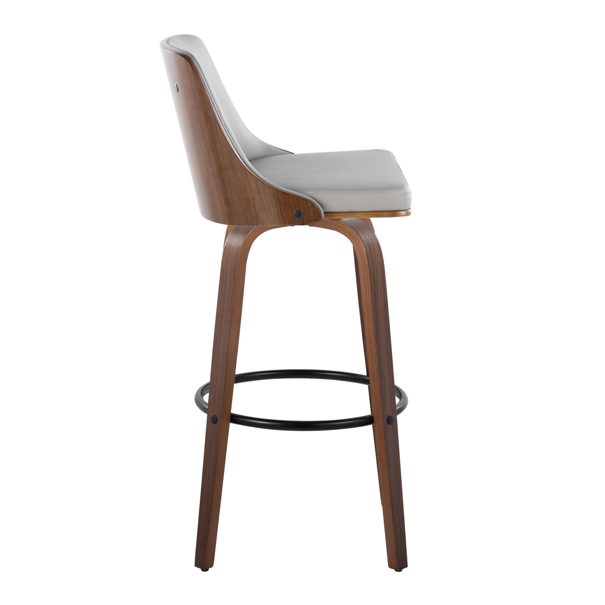 The Gianna Mid-Century Modern Barstool, shown in walnut with a light gray upholstered seat and back, features a curved wooden frame, black round footrest, and four angled wooden legs. Set of 2; side view against a white background.