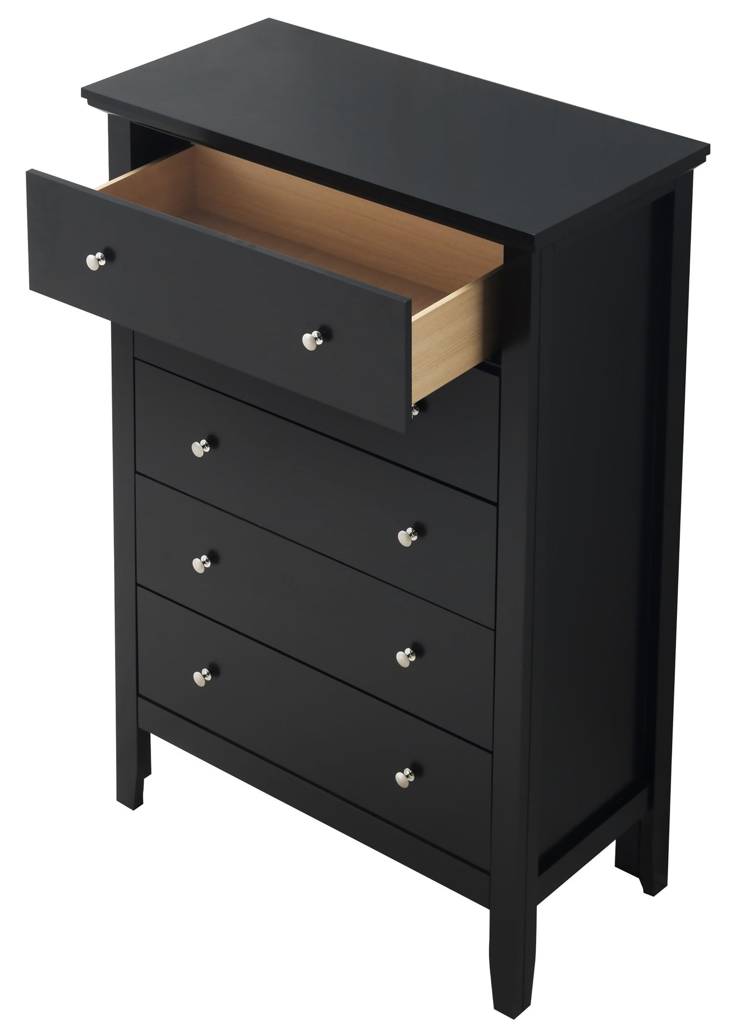 The Primo - Chest is a black wooden dresser featuring five drawers, with the top drawer open to reveal a light wood interior. Each drawer has two round metal knobs and the remaining four drawers are closed.