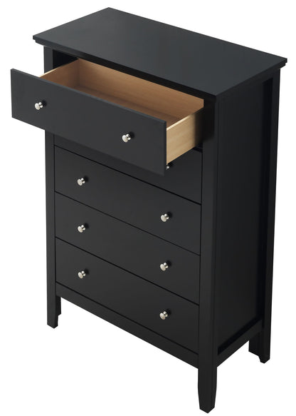 The Primo - Chest is a black wooden dresser featuring five drawers, with the top drawer open to reveal a light wood interior. Each drawer has two round metal knobs and the remaining four drawers are closed.