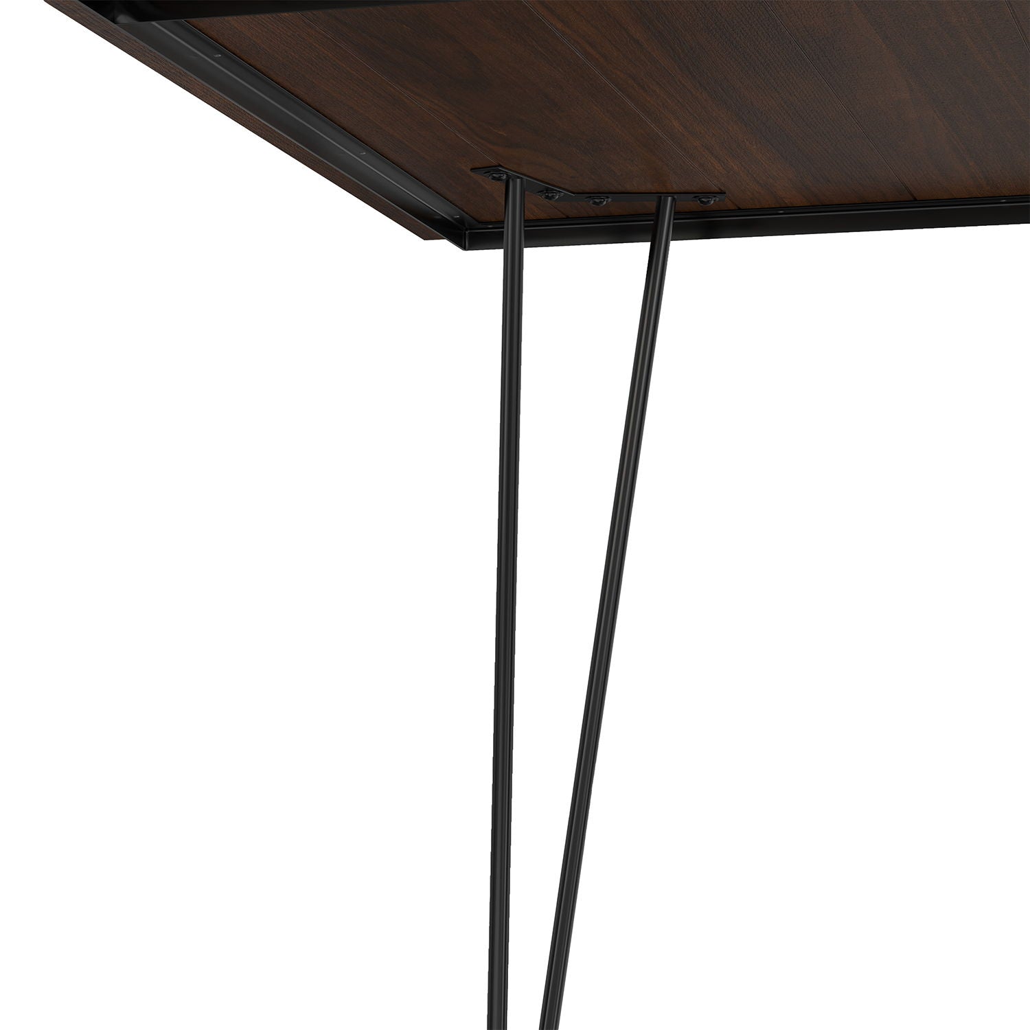 Close-up of the underside of the Hunter - Square Tabletop Dining Table, featuring a rich brown wood finish and angled dark metal hairpin legs attached at each corner for support.