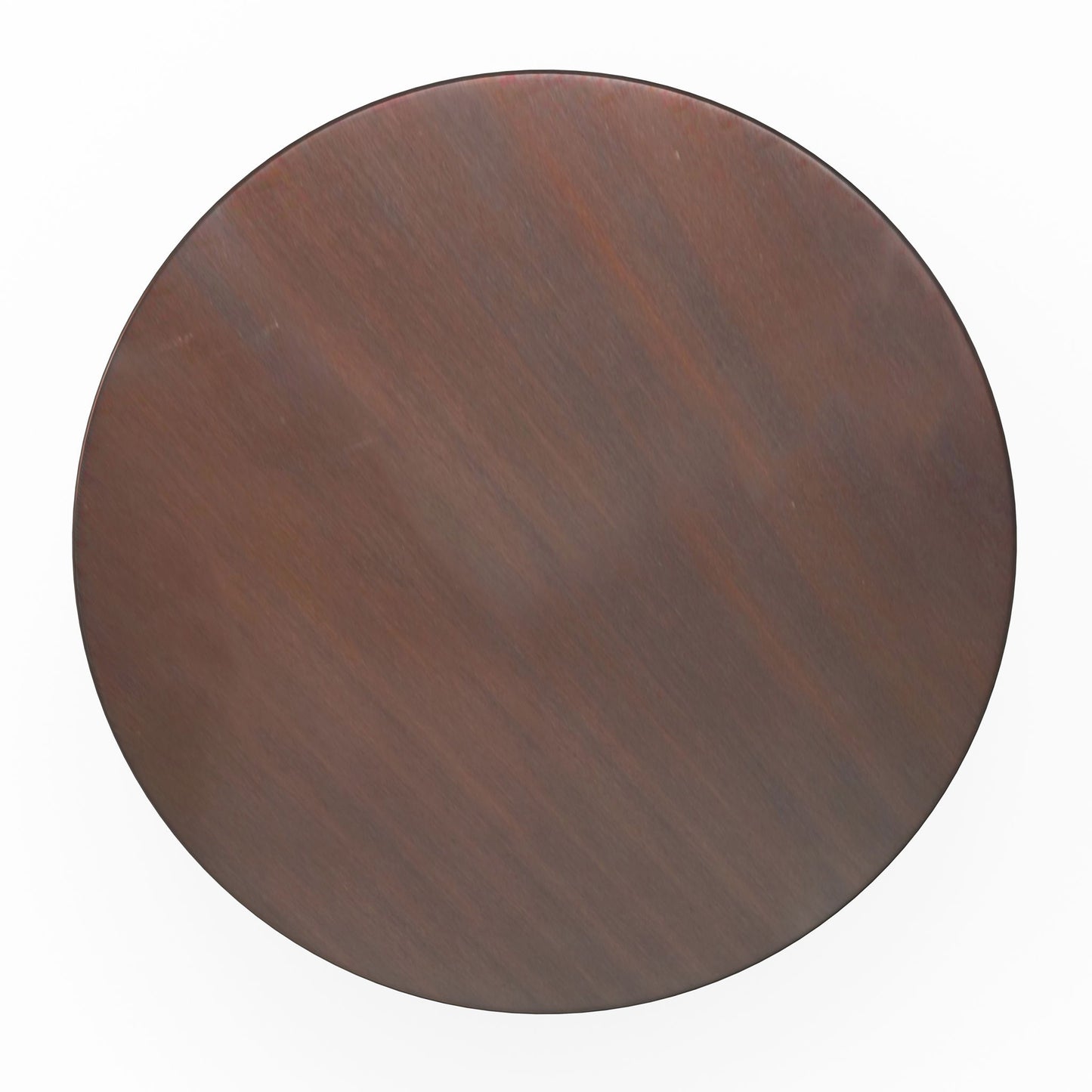 A round, dark brown Johnsen Handcrafted Large Metal Accent Table viewed from above against a white background.