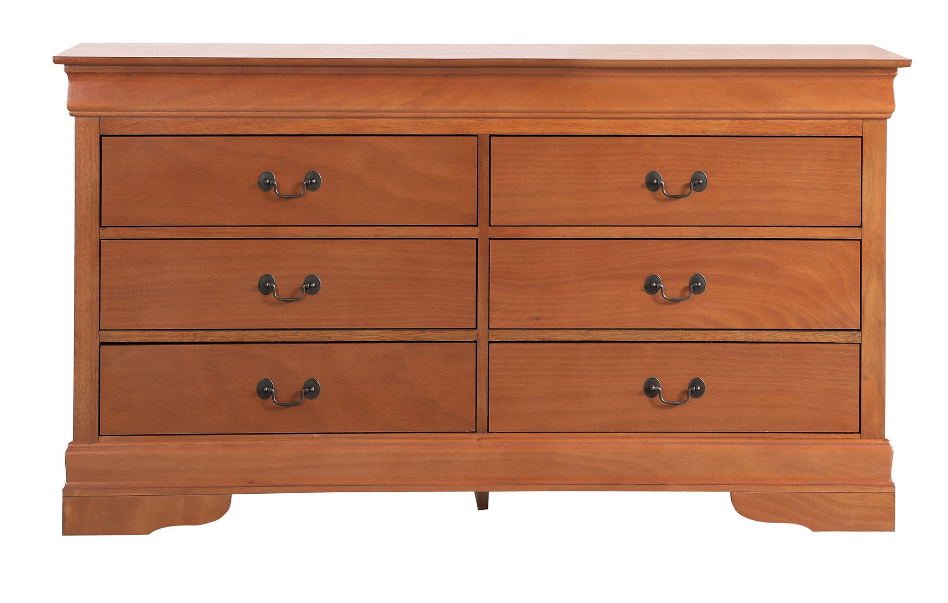 The Elegant Traditional Storage Dresser features a natural wood finish, six drawers in two rows of three, each with dual black metal handles, and stands on short, sturdy legs.