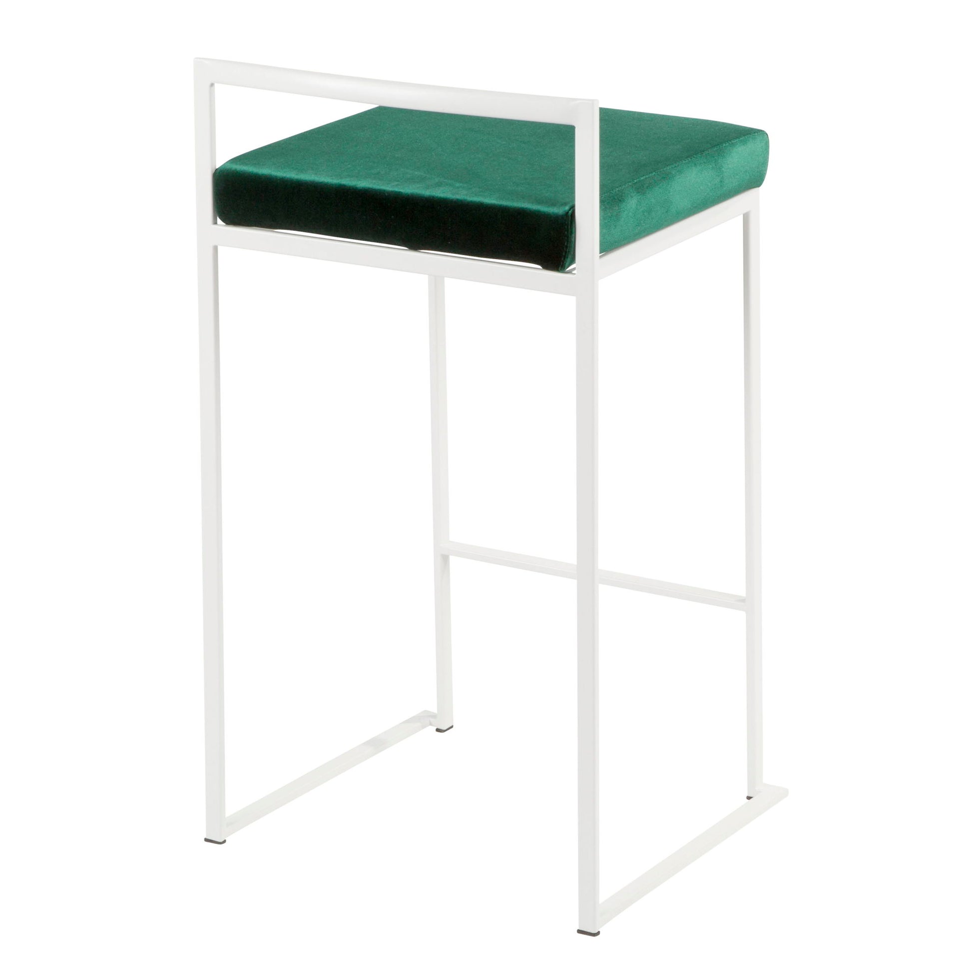 The Fuji - Simple Elegance, Contemporary Stackable Counter Stool features a minimalist white metal frame, a square green velvet cushion seat, clean lines, and a partial back support bar with no armrests or full backrest.
